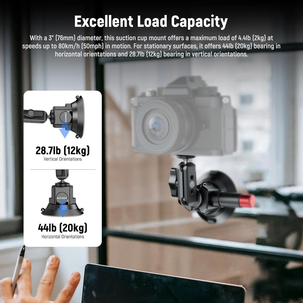 3" Suction Cup Camera Mount Bracket with Ball Head Magic Arm, 1/4" ARRI Holes, Quick Release Car Mount with Phone