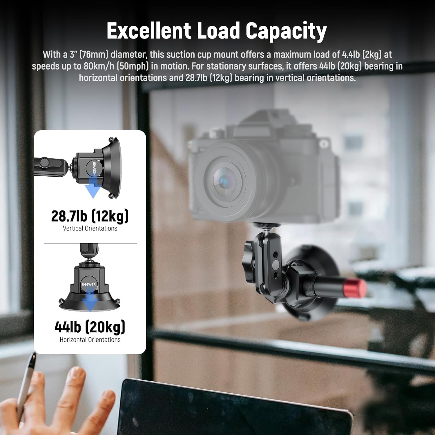 3" Suction Cup Camera Mount Bracket with Ball Head Magic Arm, 1/4" ARRI Holes, Quick Release Car Mount with Phone
