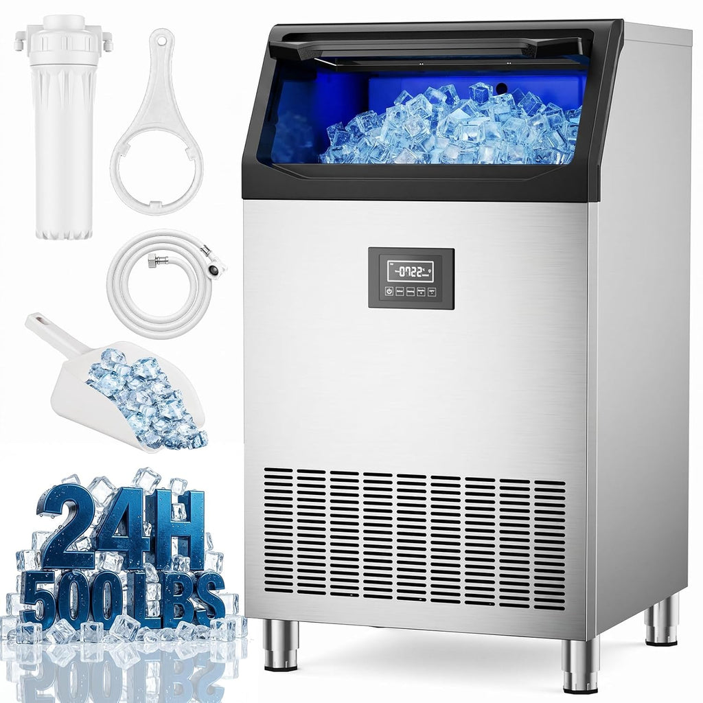 Commercial Ice Maker, 500Lbs/24H Ice Machine, 126LBS Large Storage