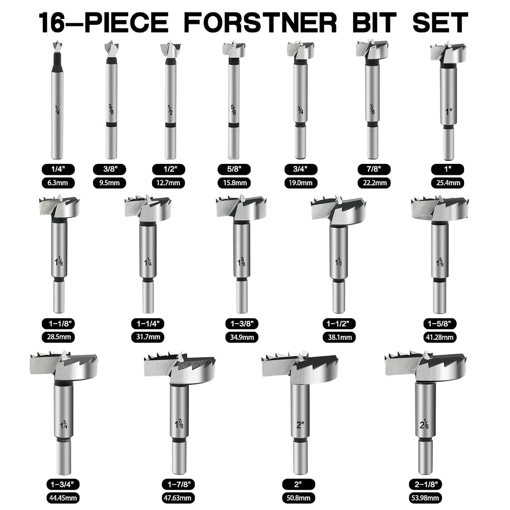 Hex Shank Forstner Bit Set, 16pcs Multi Sided Shank Wood Drill bit Set for Woodworking, Auger Opener Round Shank