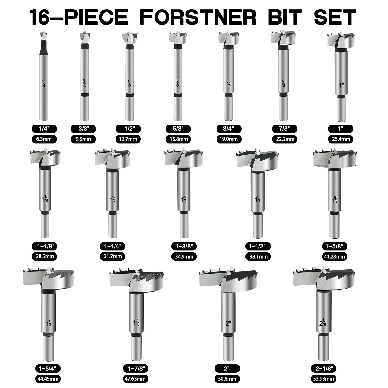 Hex Shank Forstner Bit Set, 16pcs Multi Sided Shank Wood Drill bit Set for Woodworking, Auger Opener Round Shank