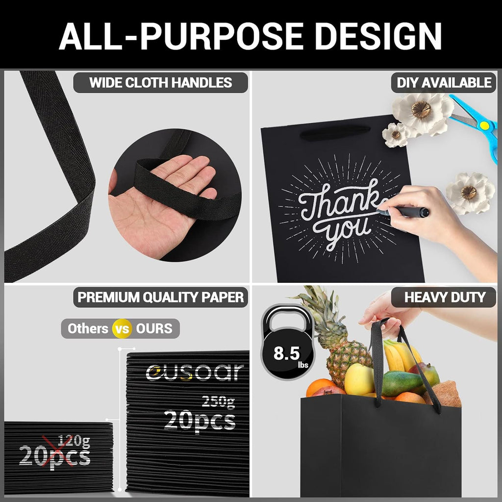 Shopping Bags for Boutique, 20pcs 7.8" x 3.9" x 11" Medium Sturdy Black Kraft Paper Gift Bags with Cloth Handle Bulk