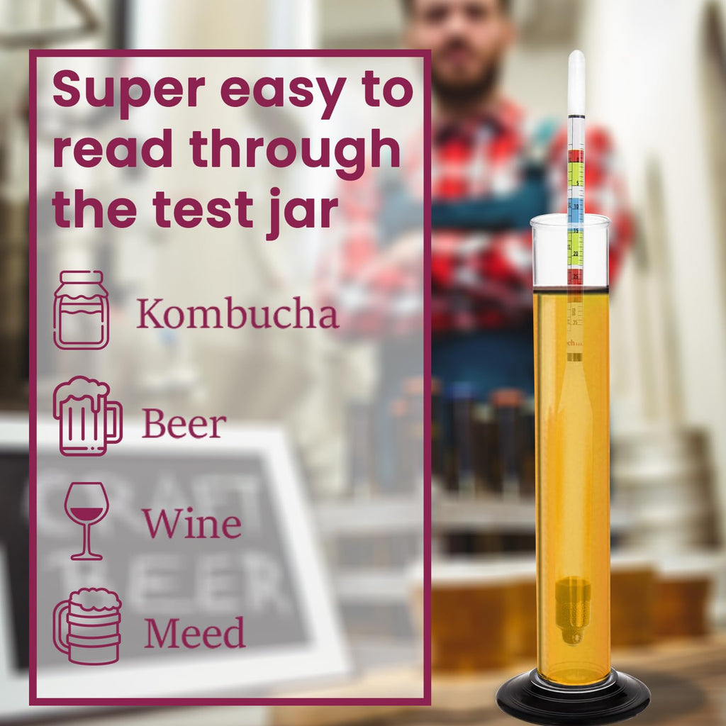 Glass Triple Scale Hydrometer Kit – Test ABV, Brix, Gravity for Wine, Beer, Mead & Kombucha, with Microfiber Cloth &