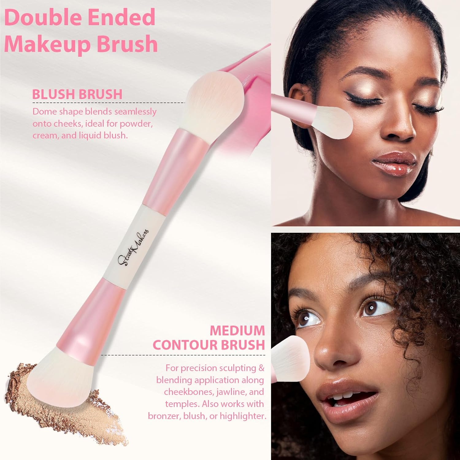 Makeup Brushes 5Pcs Dual Ended Pink Makeup Brush Set for Foundation Blush Bronzer Concealer Contour Powder Highlight
