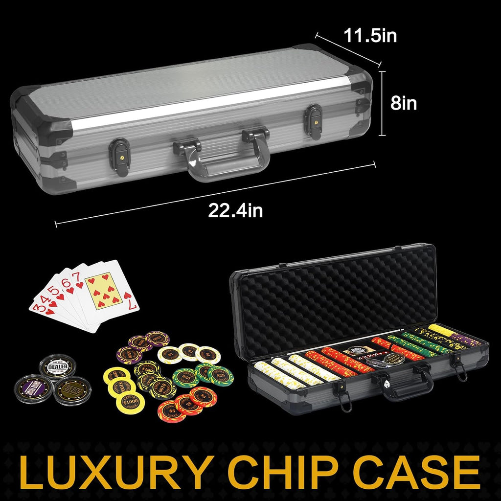 13.5 Gram Clay Poker Chip Set Texas Hold'em Casino Chips 2 Decks of Cards, Aluminum Case Dealer Buttons, for