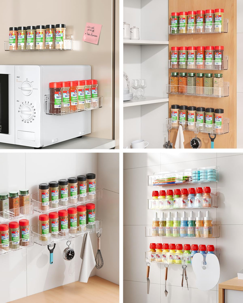Spice Rack Wall Mount, 4 Pack, Clear, 2 Inch Wide, Screw or Adhesive Installation, Spice Rack Organizer for Small