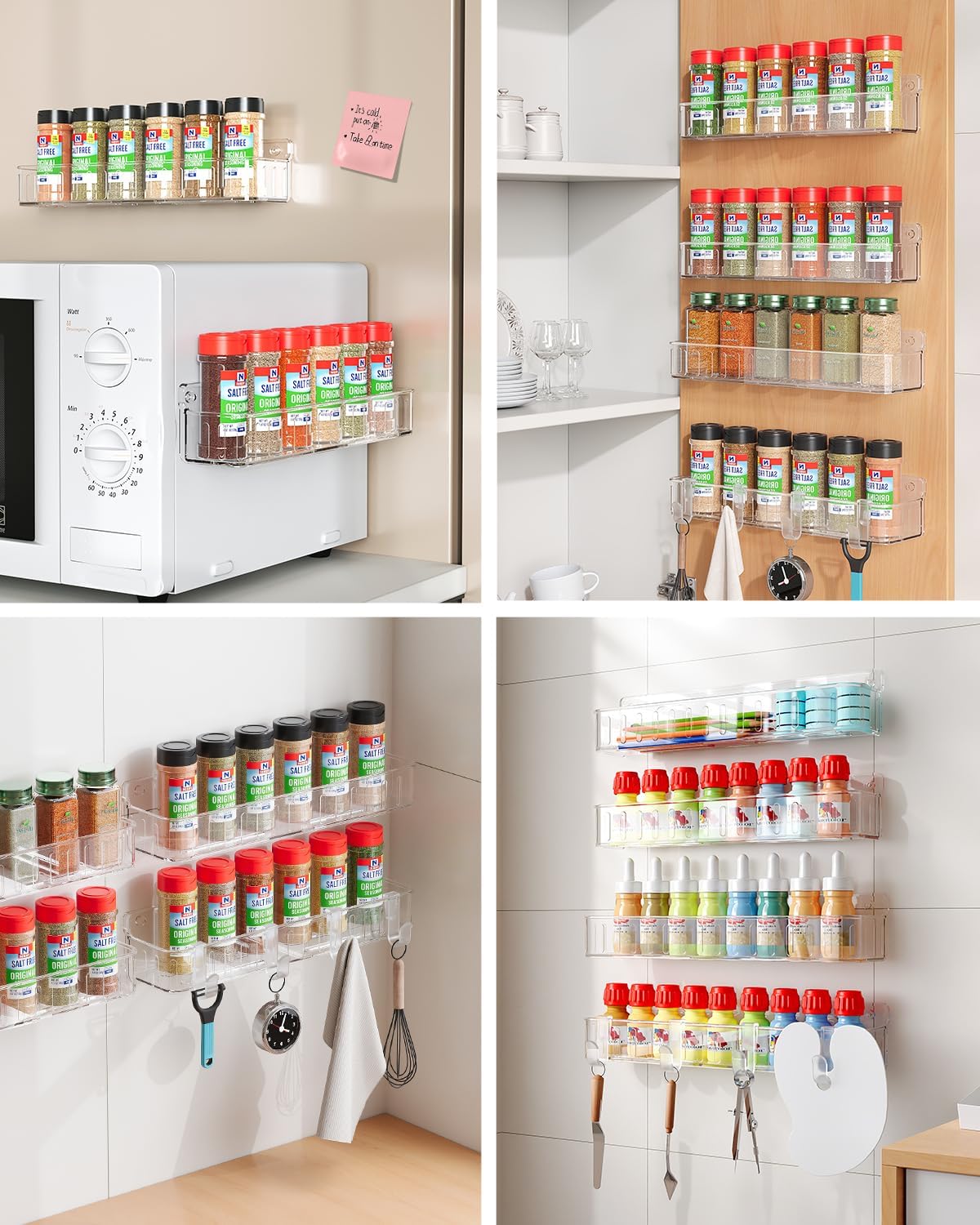 Spice Rack Wall Mount, 4 Pack, Clear, 2 Inch Wide, Screw or Adhesive Installation, Spice Rack Organizer for Small