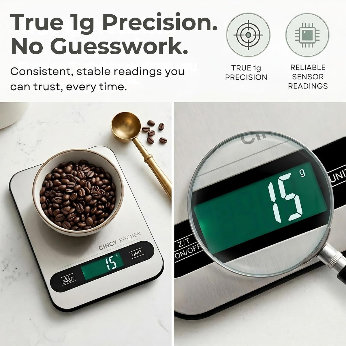 Digital Food Scale, 10kg/22lb Capacity, 1g Precision, 6 Units, Stainless Steel Kitchen Scale with Tare Function