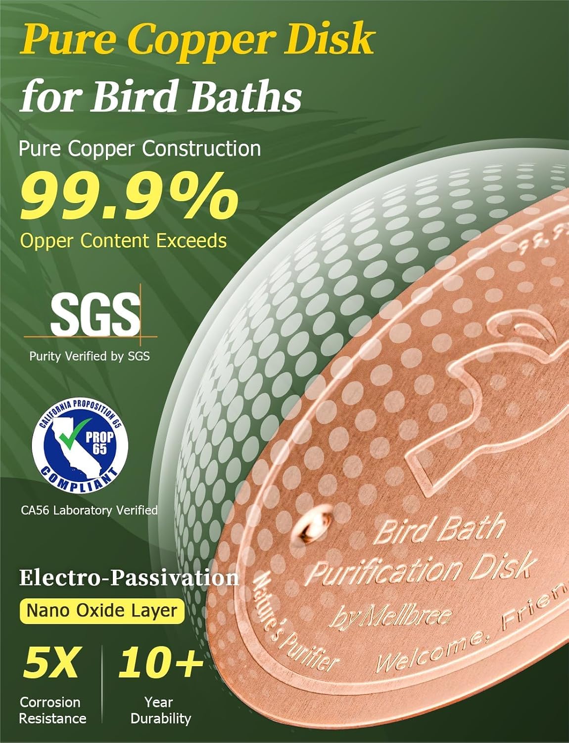 Bird Bath Copper Disc, 0.6mm Reinforced 99.99% Pure Copper Cleaning Disk for Physical Safe Clean Water All-Season