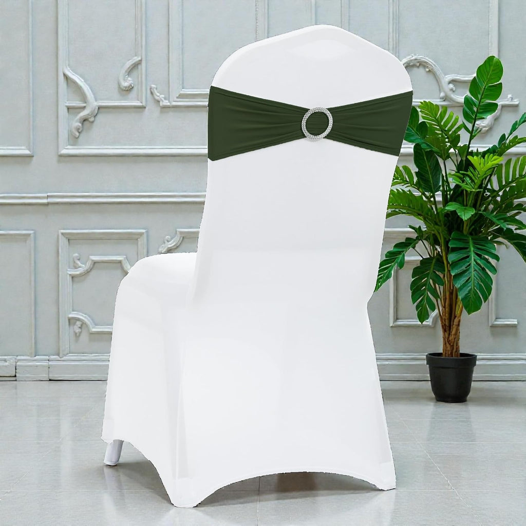 Olive | Spandex Chair Sashes Bows | 100 PCS | Stretch Elastic Banquet Universal Folding Chair Band Tie with Silver