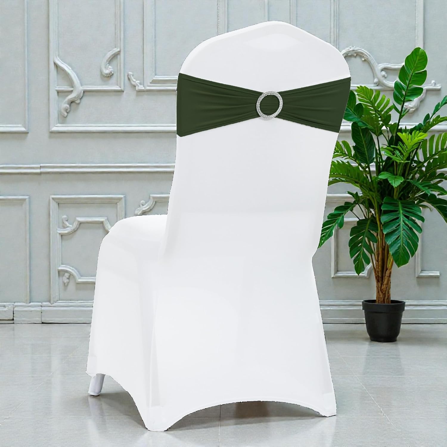 Olive | Spandex Chair Sashes Bows | 100 PCS | Stretch Elastic Banquet Universal Folding Chair Band Tie with Silver