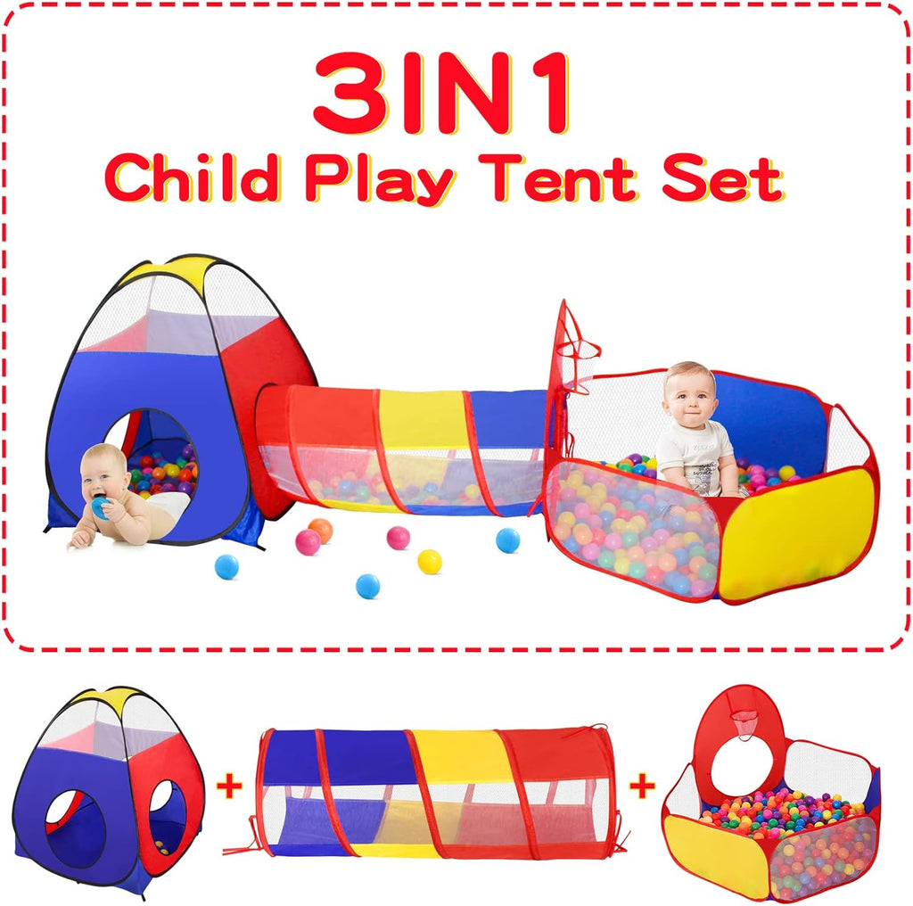 3 in 1 Kids Play Tent for Toddler with Baby Ball Pit and Play Tunnel, Children Indoor Outdoor Playhouse with Climbing