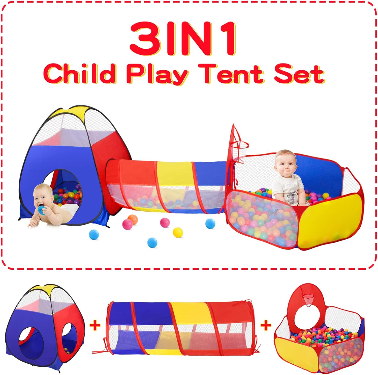 3 in 1 Kids Play Tent for Toddler with Baby Ball Pit and Play Tunnel, Children Indoor Outdoor Playhouse with Climbing