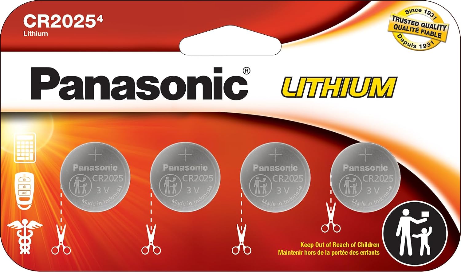 CR2025 3.0 Volt Long Lasting Lithium Coin Cell Batteries in Child Resistant, Standards Based Packaging, 4 Pack