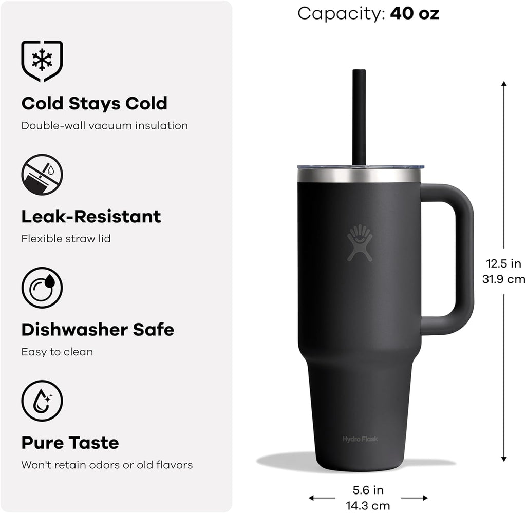 Travel Tumbler with Handle, Clear Lid and Straw - Insulated Stainless Steel
