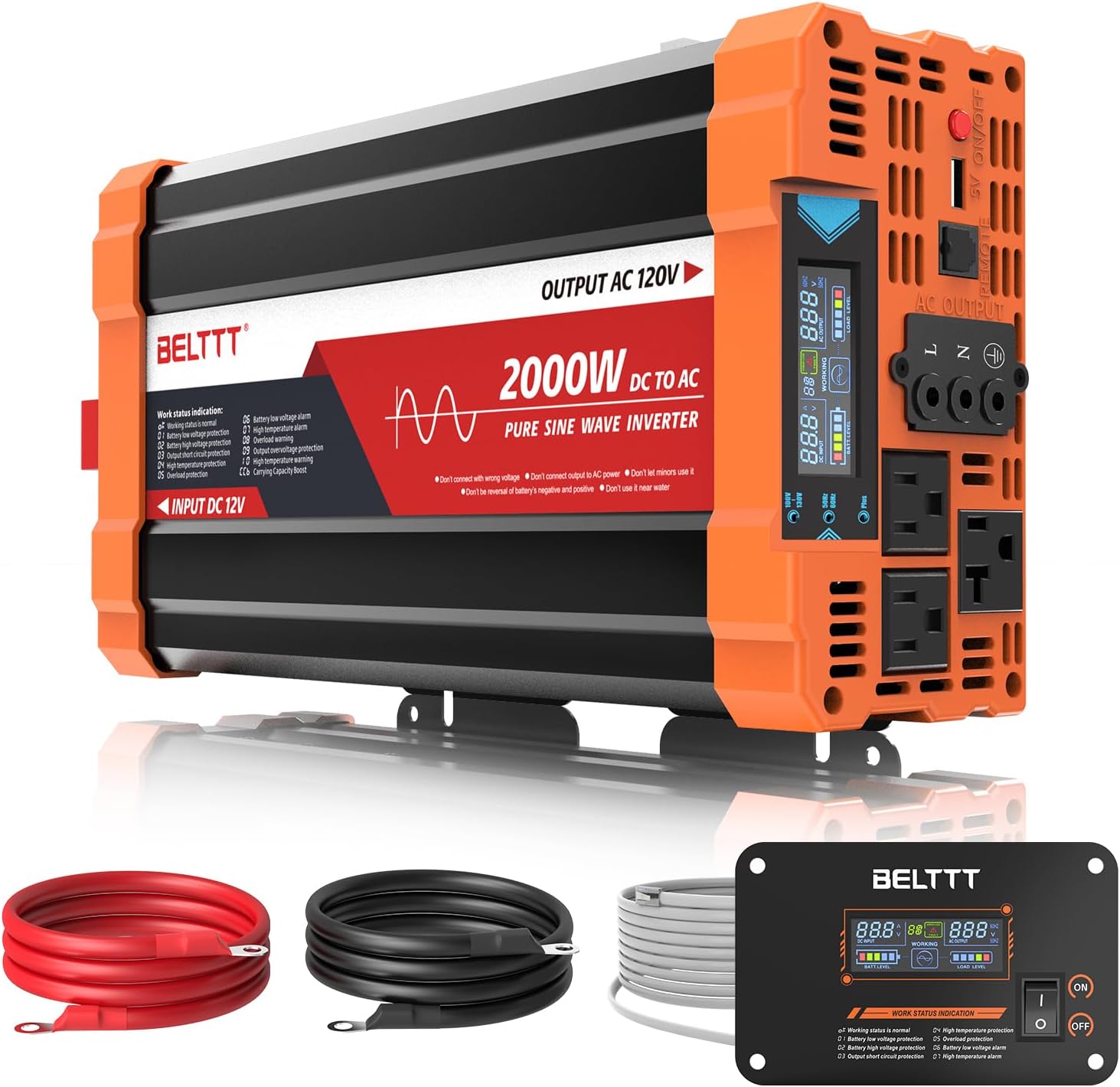 2000W Pure Sine Wave Inverter 12V DC to 120V AC, 4000W Surge | LCD Display, Dual AC and 20A Outlets, 23ft Remote