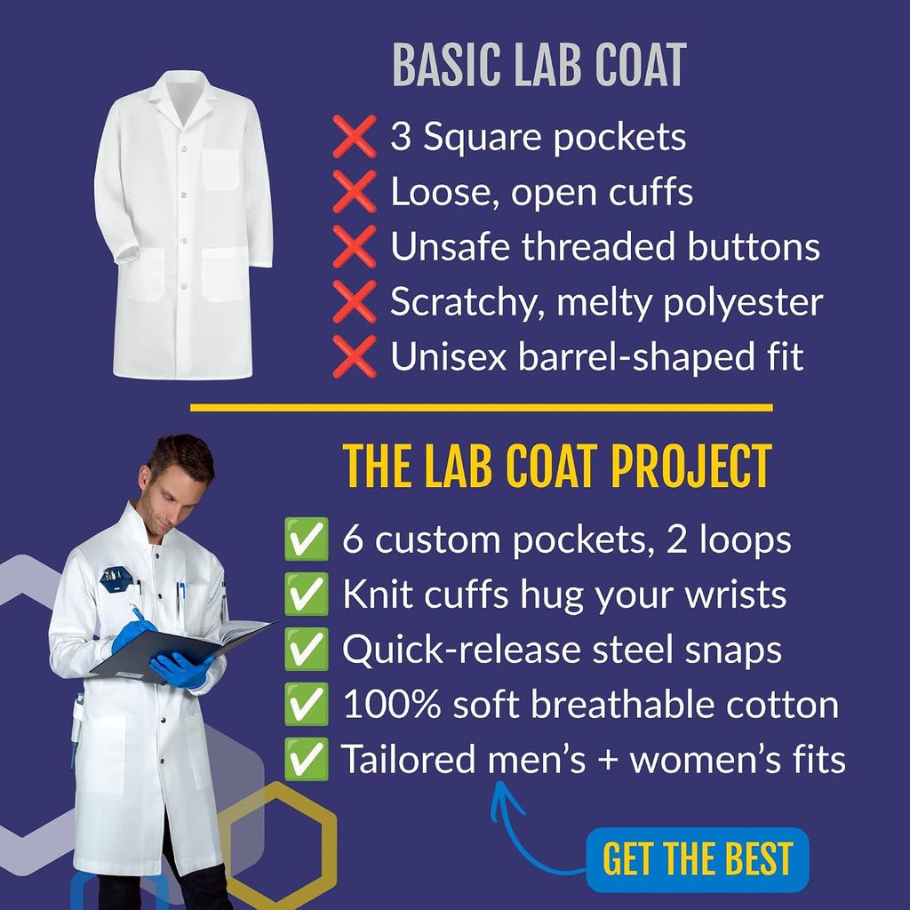 The Lab Coat Project: 100% Cotton Chemistry Men's 6-Pocket Long Cuffs Snaps