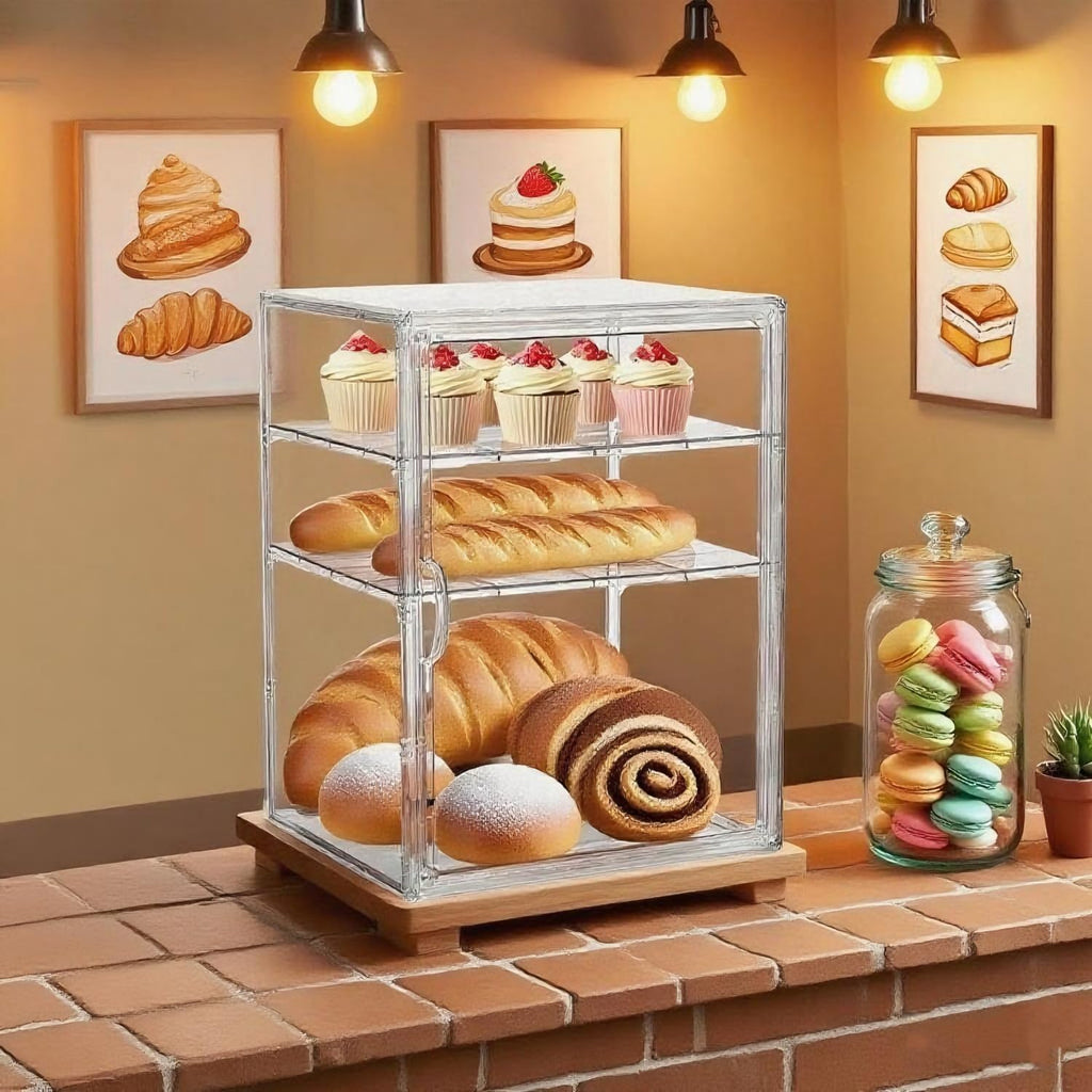 Pastry Display Case Large Clear Bread Box for Kitchen Countertop 4 Layers Adjustable Bread Storage with Magnetic Door
