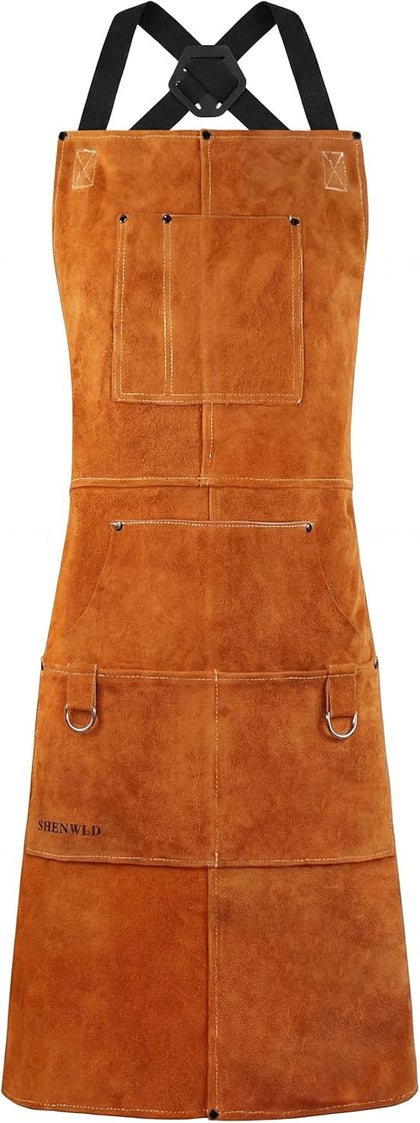 6 Pockets Leather Welding Apron Heat Resistant Protection | Heavy duty work utility gear for workshop,BBQ and