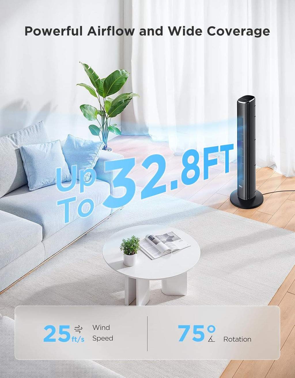 36 in. Black Tower Fan for Bedroom, 5 Modes 8 Speeds up to 25ft/s | Smart Floor Fan with App/Voice Control, Temp