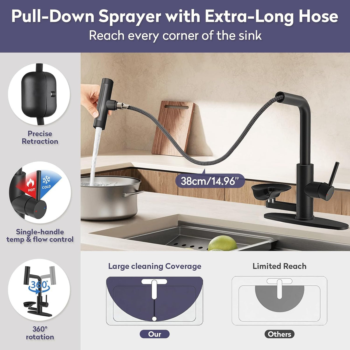 Black Kitchen Faucet with Pull Down Sprayer & Cup Washer