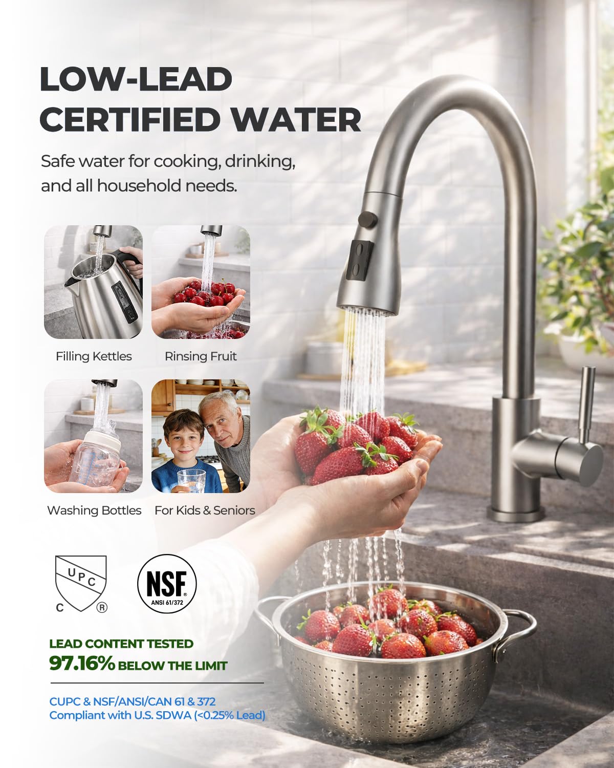 Pull-Down Kitchen Faucet, 3-Mode Sprayer, Brushed Nickel, High Arc