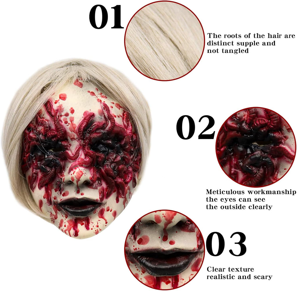 Halloween Scary Demon Mask Bloody Sucking Worm Face Mask with White Wig | Raised Worm Details, Blood Spatter Effect