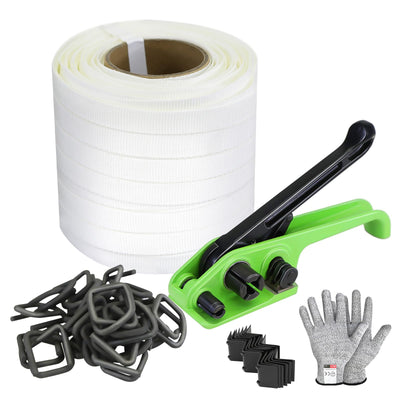 Banding Strapping Kit with 3/4" x 330 ft Woven Cord Band 50 pcs Phosphate Wire Buckles Tensioner Tool for Pallet Box
