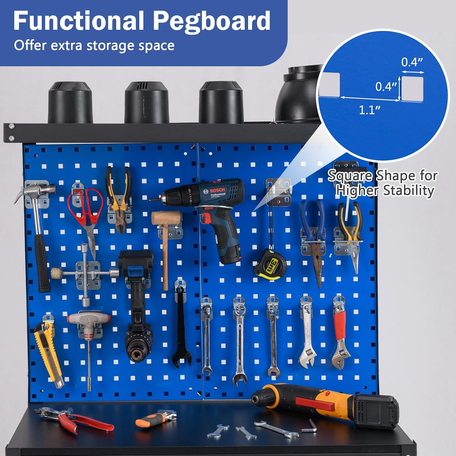 Workbench with Drawer, 32" x 16" Heavy-Duty Work Table with 2 PCS Pegboard & 4 Shelves, 19 Hanging Hooks, 495LBS