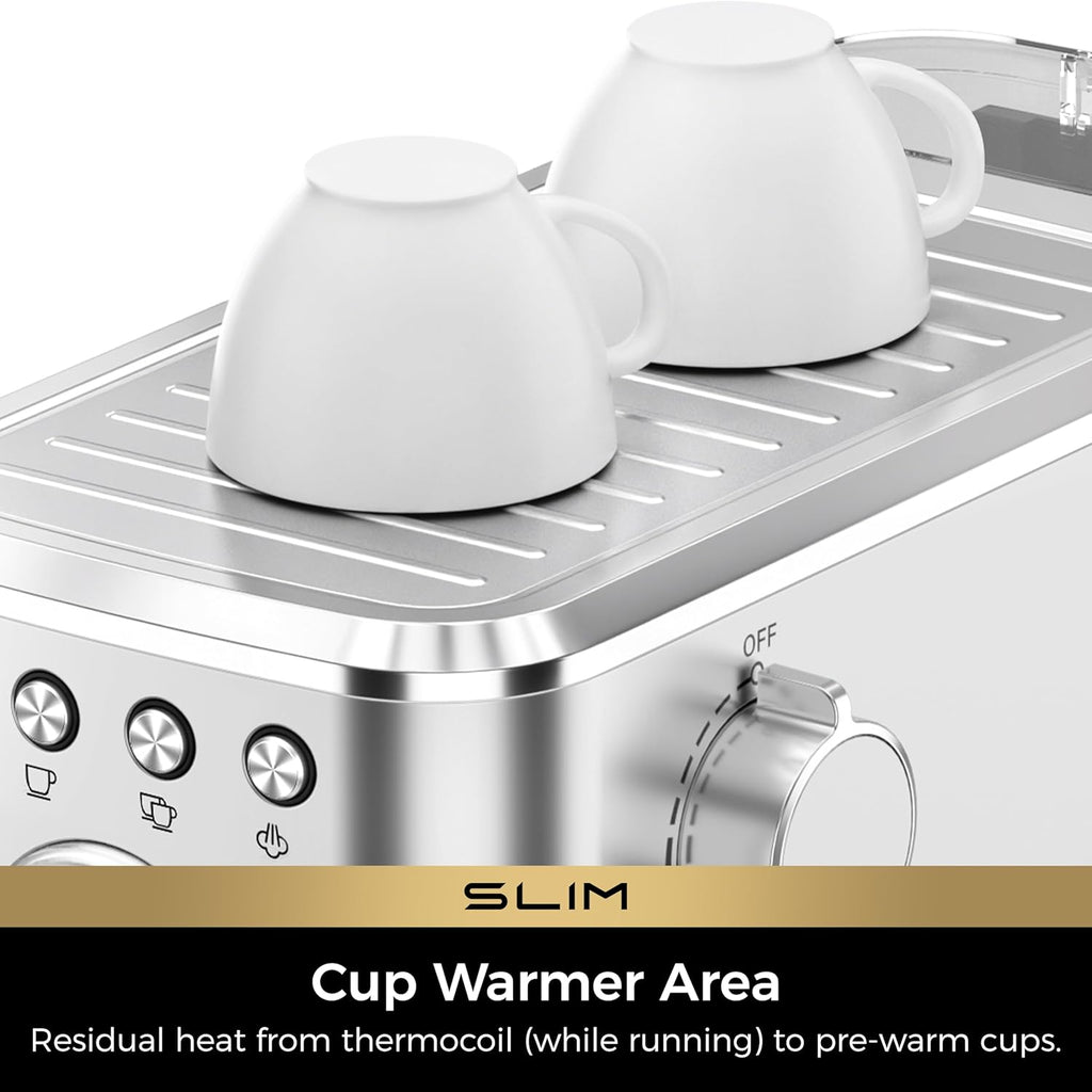 Slim Espresso Machine with Milk Frother for Home Cappuccino & Latte | Precise Pressure Gauge, Food-Grade Materials
