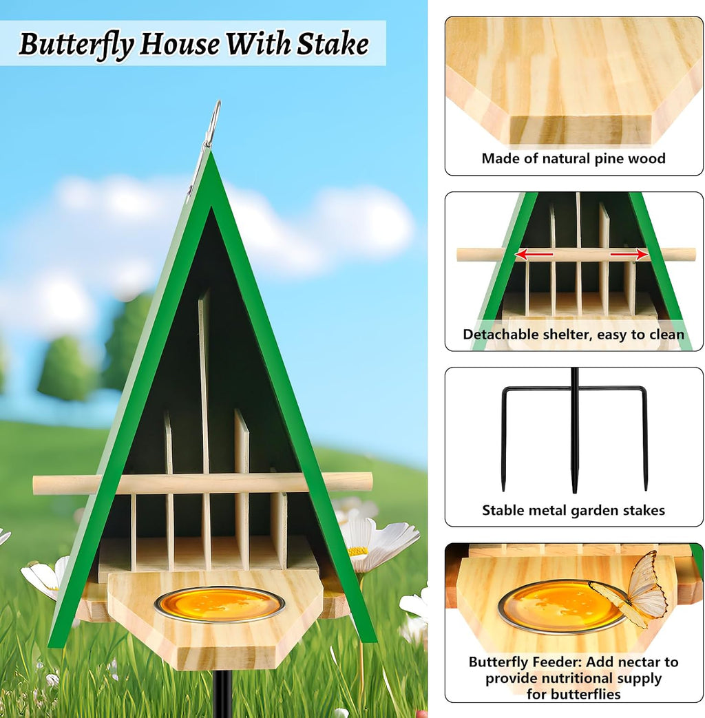 New Butterfly House and Feeder, Wooden Butterfly House with Metal Stake