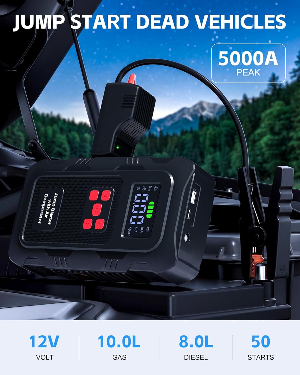 5000A Jump Starter with Air Compressor, Portable Car Battery Jump Starter with 150 PSI Tire Inflator for Up to 10.0L