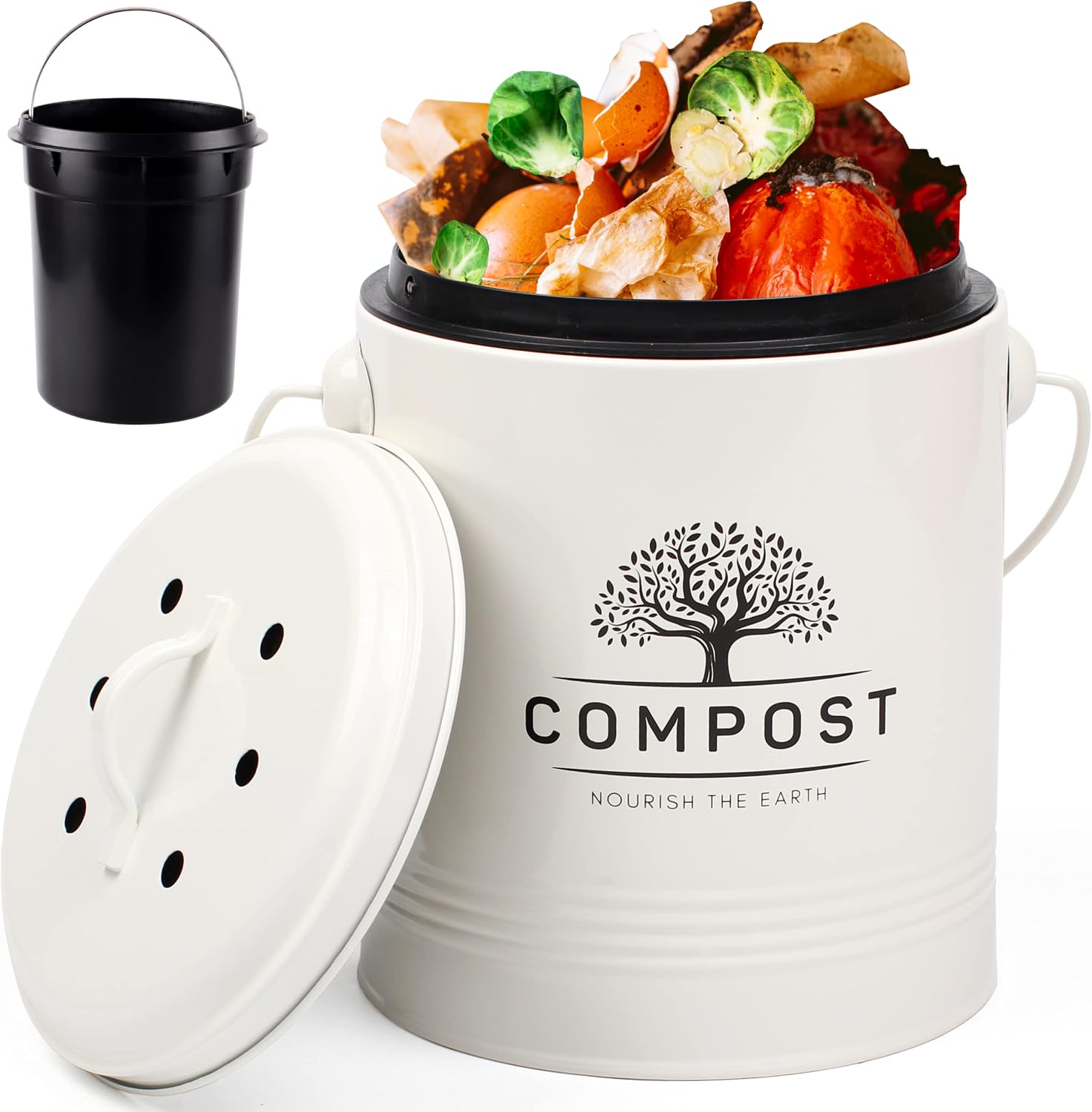 1.3 Gal Kitchen Compost Bin with Lid, Countertop Compost Caddy | Indoor compost bucket with inner bucket liner and