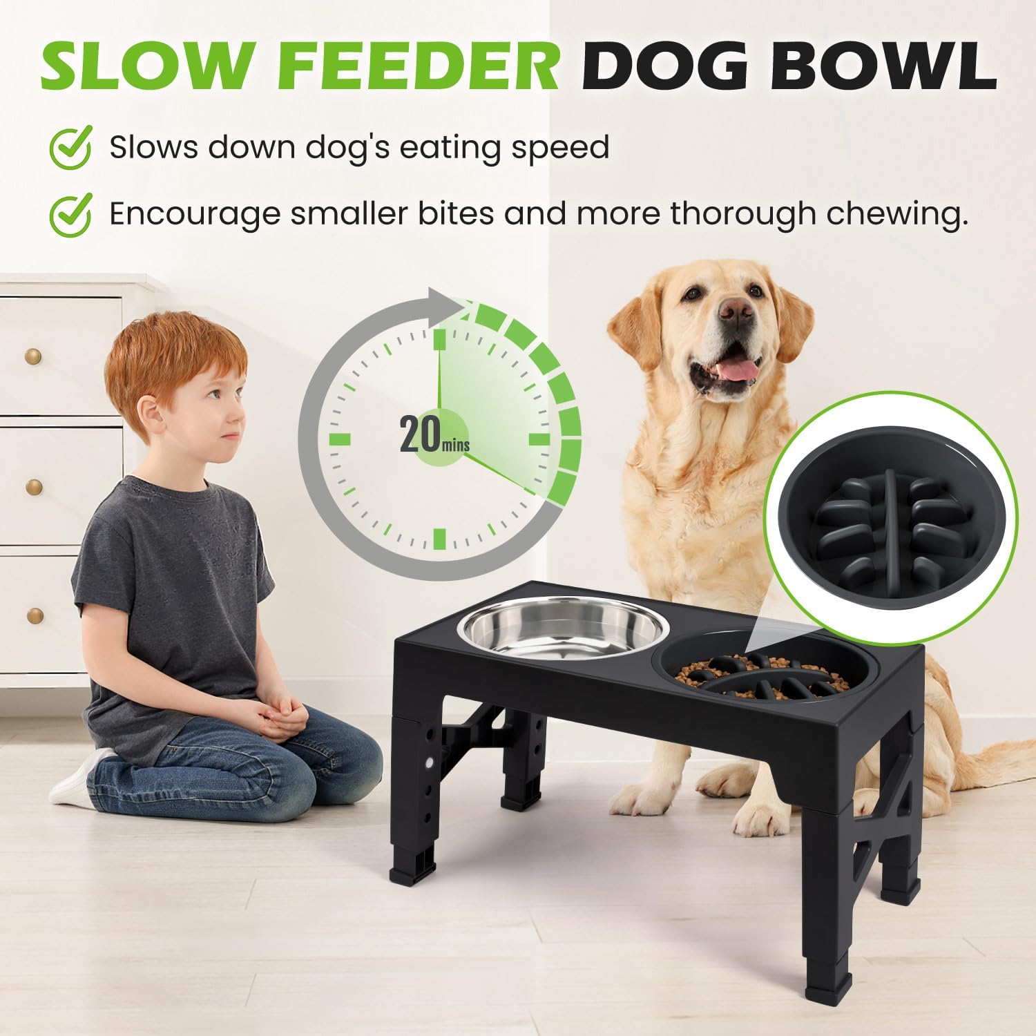 Elevated Dog Bowls - 5 Adjustable Heights Stand, 2 Stainless Steel Bowls & 1 Slow Feeder, 3.2" to 12.2" for Small to