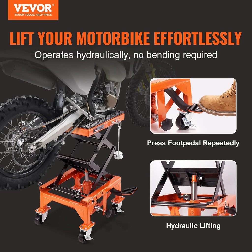 Hydraulic Motorcycle Lift Table, 350 lbs Capacity Motorcycle Scissor Jack Lift with Wide Deck, J-Hooks, 4 Wheels
