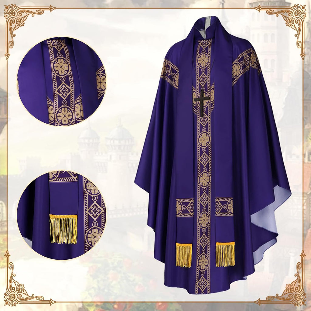 Church Catholic Priest Chasubles Vestments, Robe Chasuble Mass Round Collar Robe with Stole Men