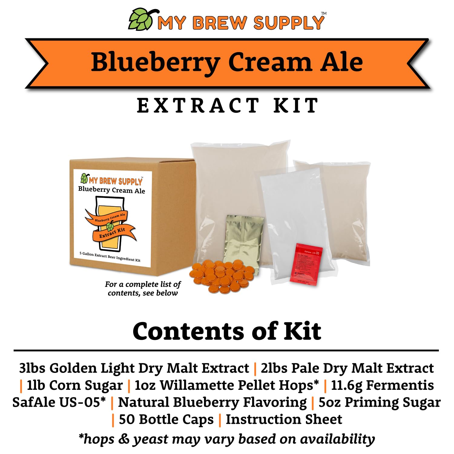 Blueberry Cream Ale Extract Kit | Golden Light & Pale Dry Malt Extract | Corn Sugar | Natural Blueberry Flavoring |