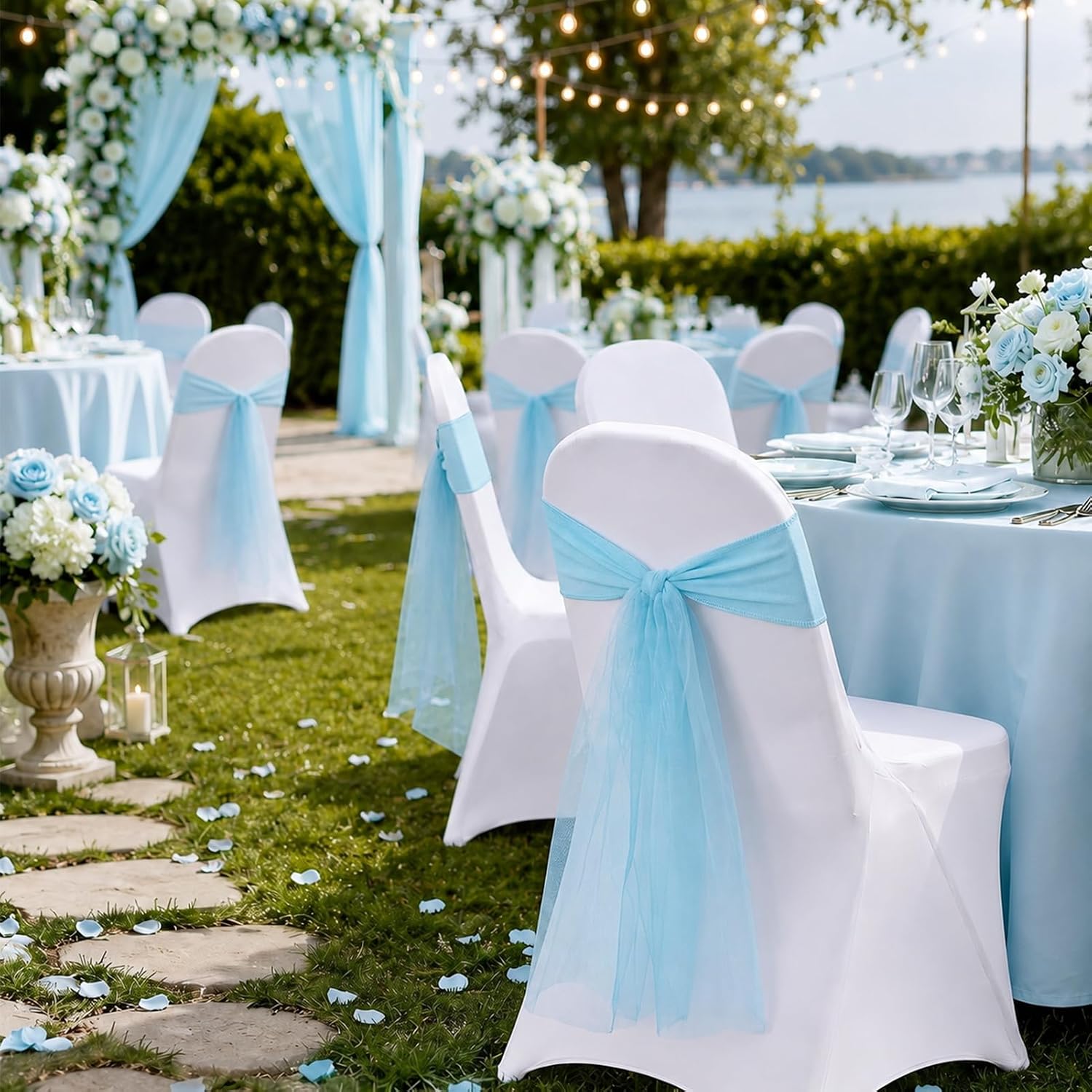 Folding Chair Cover Set, 50 Pcs, Spandex White Blue