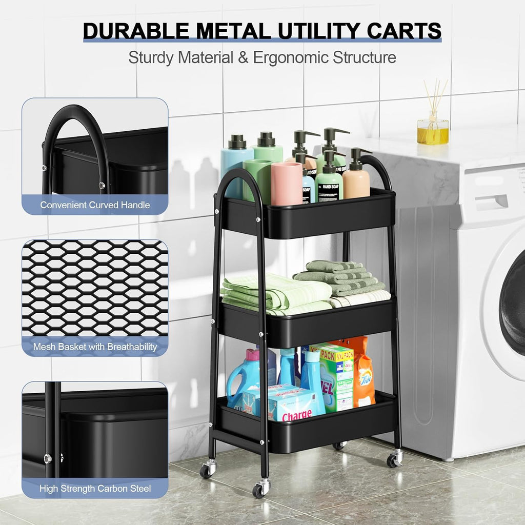 3 Tier Utility Rolling Cart, Metal Storage Cart with Handle and Lockable Wheels, Multifunctional Storage Organizer