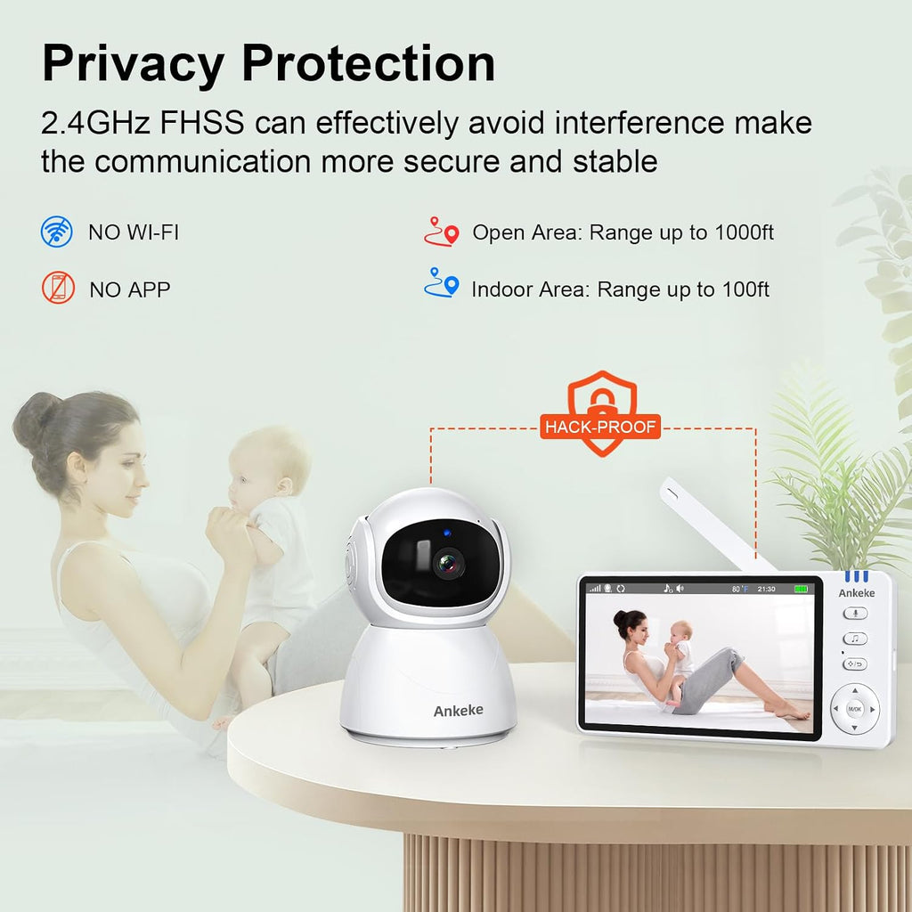Baby Monitor with Camera and Audio, No WiFi Baby Monitor with 5" 720P HD Screen, 100-Hour Battery, 1000ft Long Range
