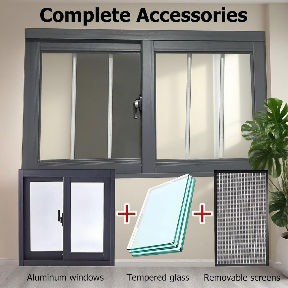 44x27in / 112x69cm Double Slide Vinyl Tempered Utility Window, Replacement Windows for Home, with Screen and Glass