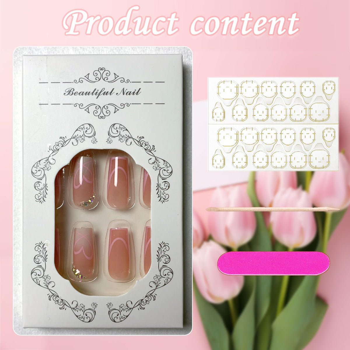 Medium Press on Nails Square Glue on Nail Light Pink French Fake Nails