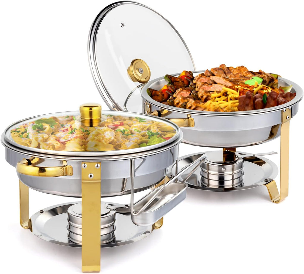5QT 2 Packs Chafing Dish Buffet Set Gold Accent, Round Stainless Steel Buffet Warmer Chafers and Buffet Warmers Sets
