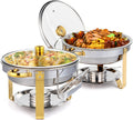 5QT 2 Packs Chafing Dish Buffet Set Gold Accent, Round Stainless Steel Buffet Warmer Chafers and Buffet Warmers Sets