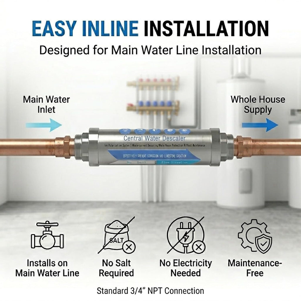 Whole House Water Descaler 3/4" NPT – Salt Free Water Conditioner for Main Water Line, Physical Scale Inhibitor Helps