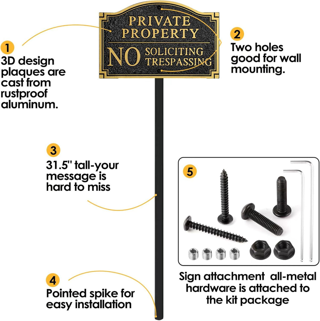 Private Property No Soliciting No Trespassing Cast Metal Yard Sign | Heavy Duty 11.5" × 7.5" Statement Plaque with