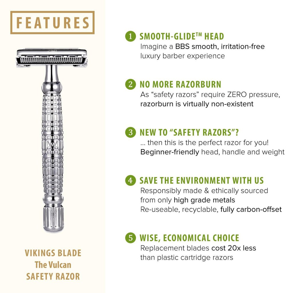 Double Edge Safety Razor for Men + 5 Swedish Steel Blades + Luxury Case. Long Handle. Smooth, Reusable, Eco-Friendly