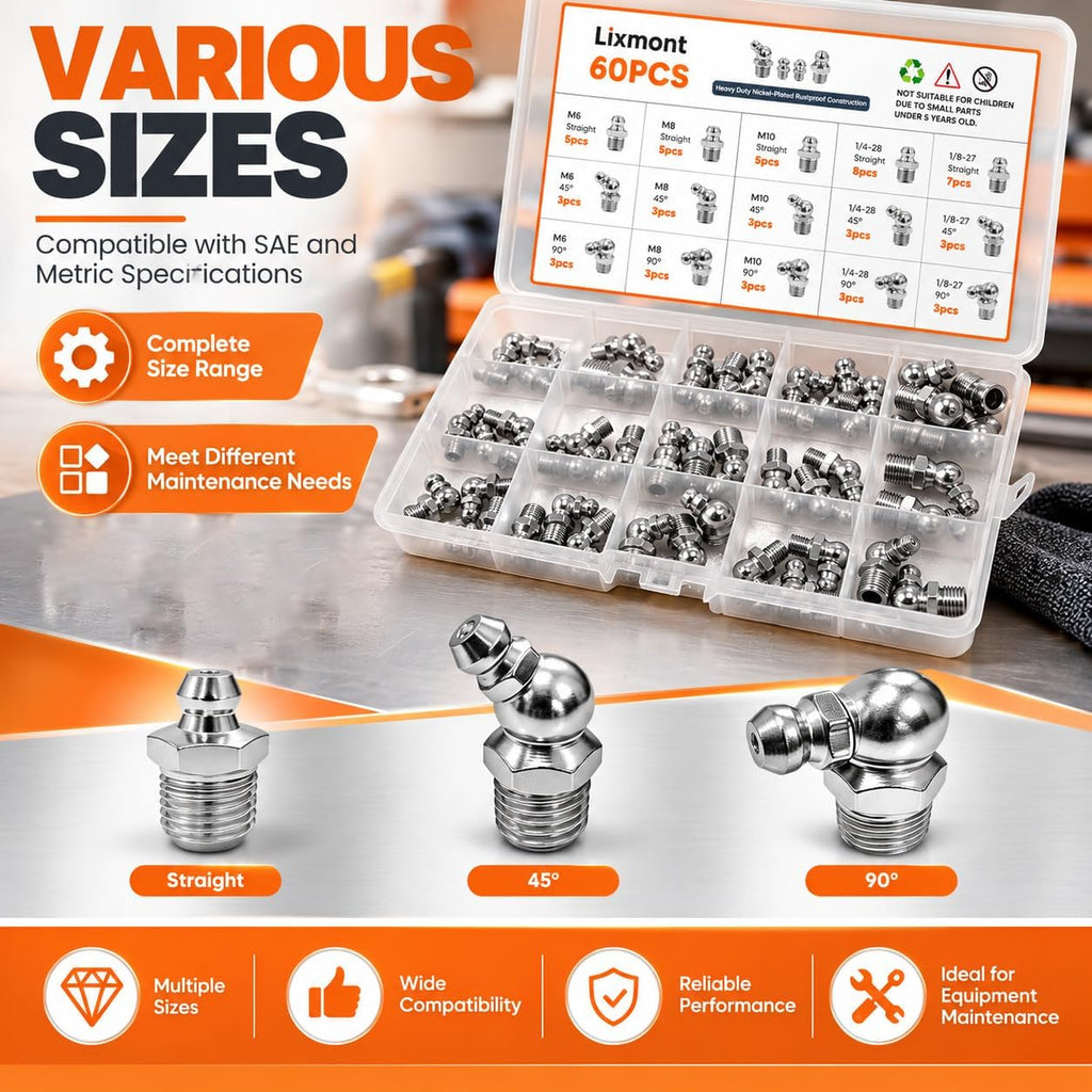 Grease Fittings Assortment 60PCS, SAE & Metric Zerk Grease Fittings