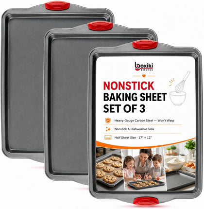 Premium Nonstick Baking Sheet Pans – Set of 3, Heavy-Gauge Carbon Steel, Warp, Dent, and Rust-Resistant – Gourmet