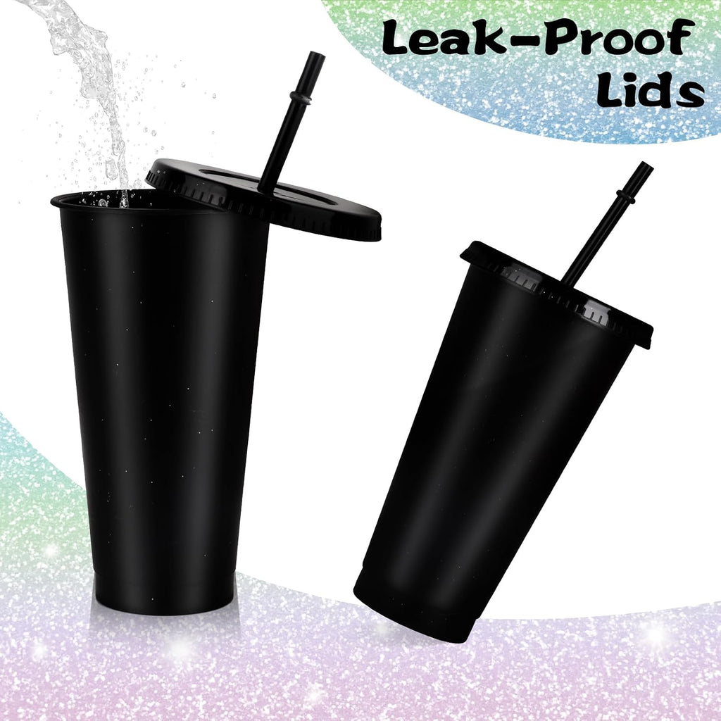 7 Sets Reusable Cups with Lids and Straws 24 oz Plastic Tumblers Black Party Favor Cups Water Bottle Iced Coffee